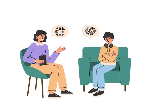 Male teenager patient talks with female psychologist. Psychotherapy session. Teen problems. Mental health. Vector flat  illustration  isolated on the white background.